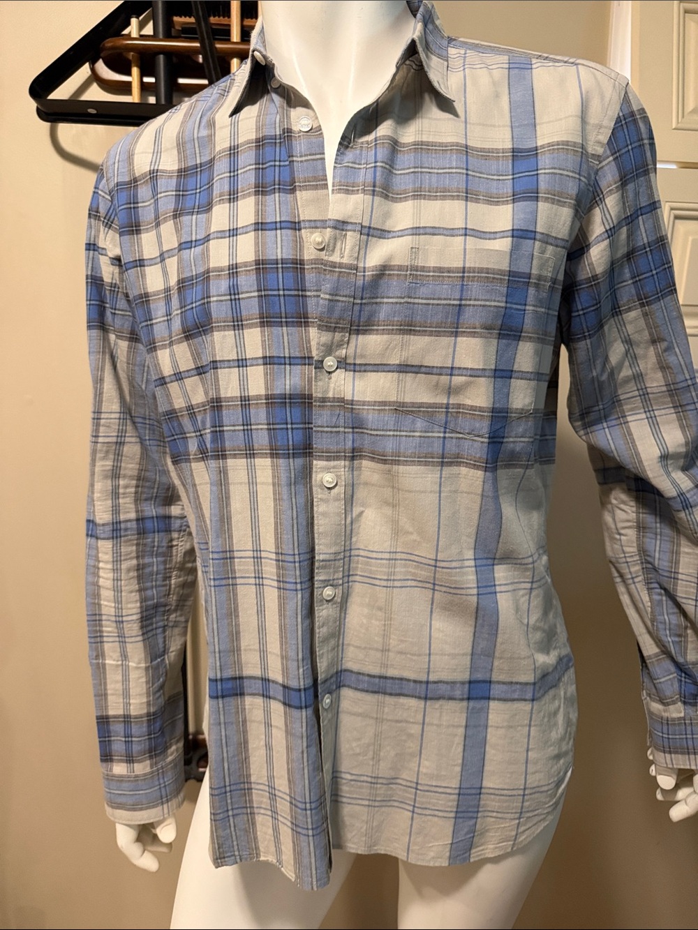 Burberry Blue and Grey Plaid Button-Down Shirt
